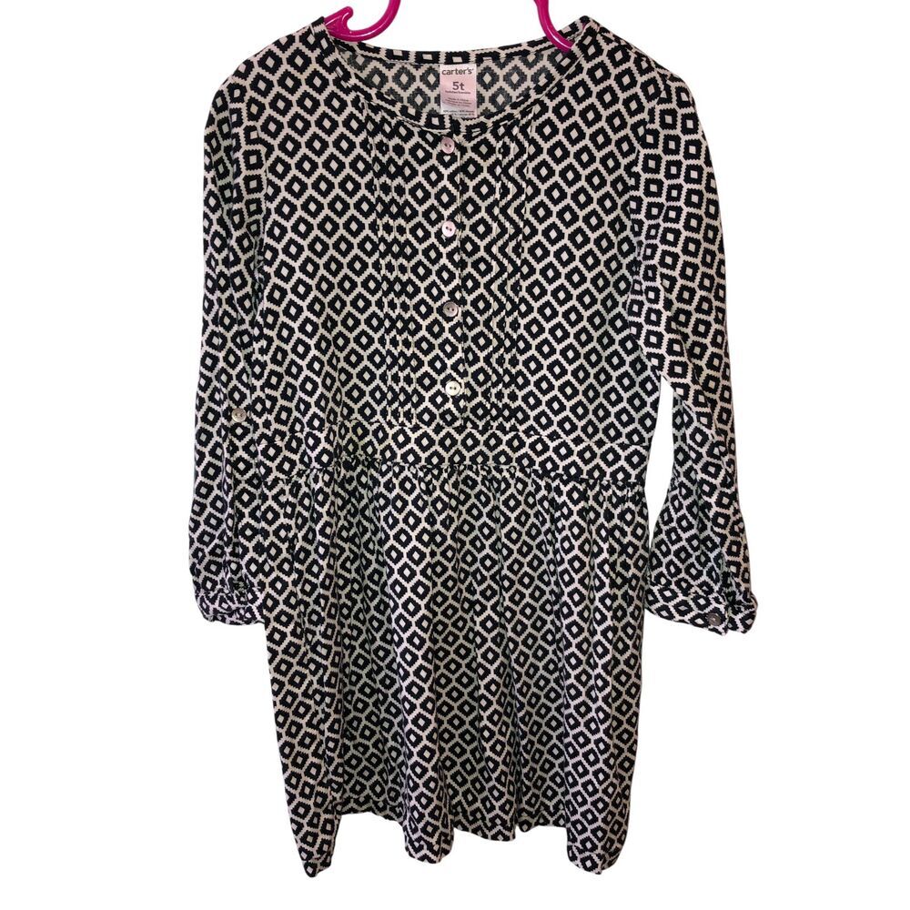 Carters Kids Girls Size 5T Toddler Black White Geometric Long Sleeve Dress